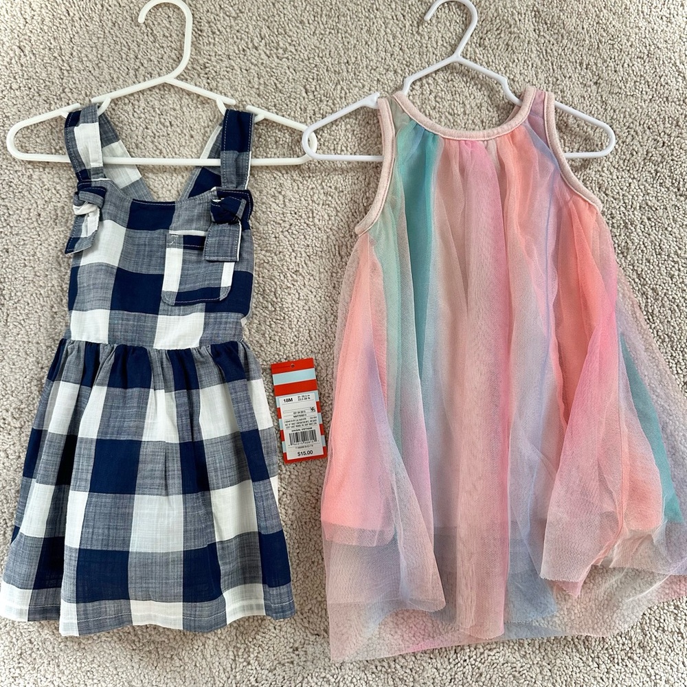 Toddler Girl 18M Cat & Jack Blue Plaid and Pastel Rainbow Dress Set